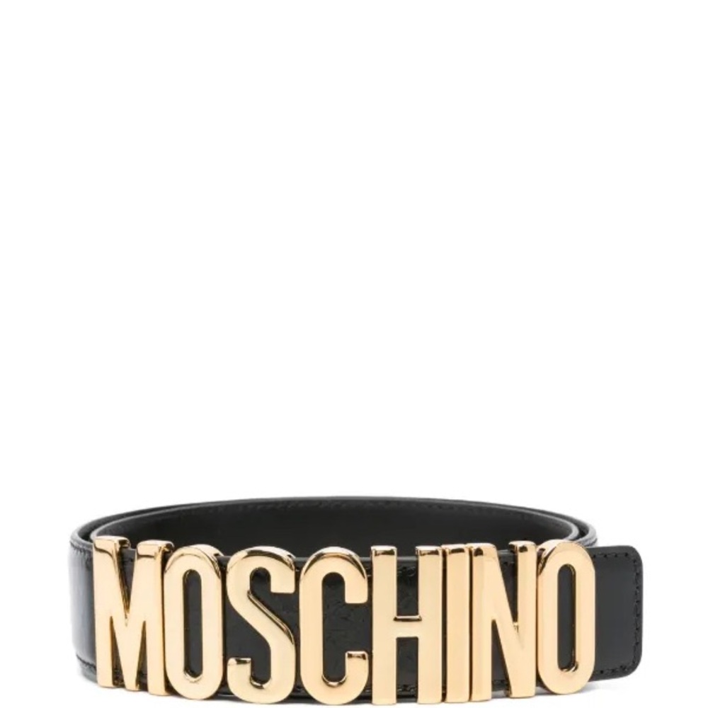 Moschino Black Leather Belt with Gold Lettering